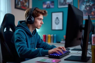 Jeune homme concentré jouant en compétition sur son ordinateur gaming