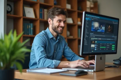 Jeune homme souriant utilisant un ordinateur dans un bureau moderne