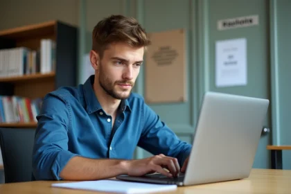 Jeune homme concentré sur son ordinateur dans un bureau universitaire