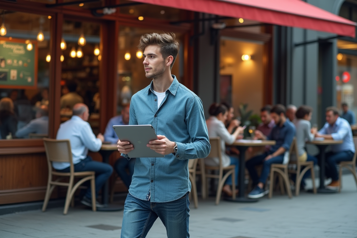 Jeune homme avec tablette dans un café urbain animé