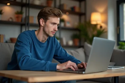 Jeune homme configure son WiFi dans son salon moderne