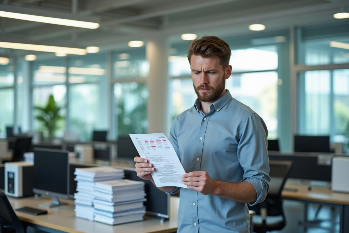 Jeune homme déçu tenant une impression couleur dans un bureau moderne