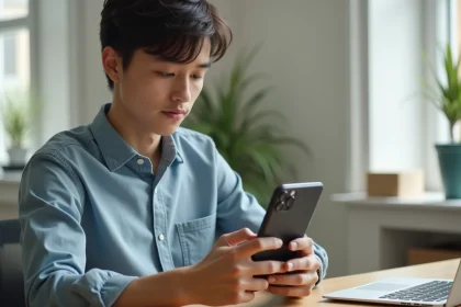 Jeune homme examinant un iPhone 14 Pro dans un bureau moderne
