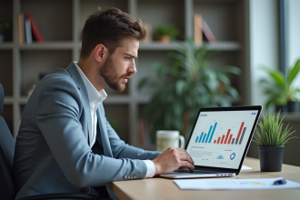 Jeune homme en smartcasual analyse des graphiques SEO