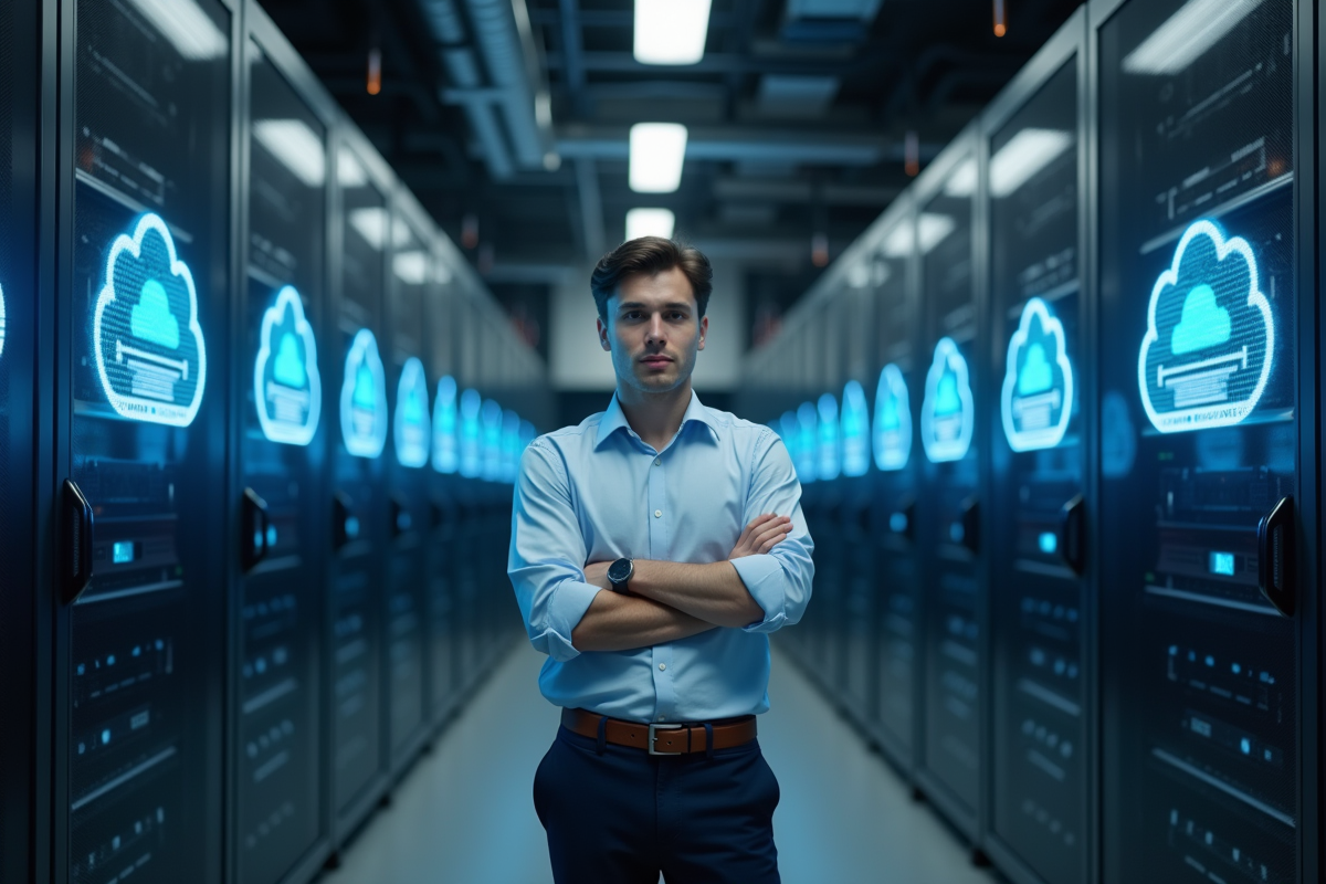 Jeune homme devant un serveur avec icones cloud numériques