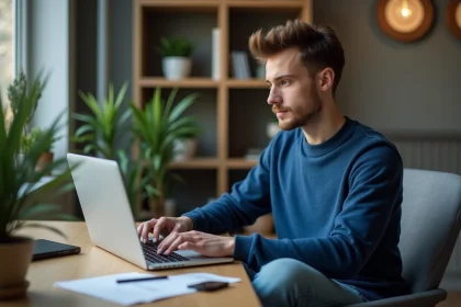 Jeune homme concentré travaillant sur son laptop à la maison