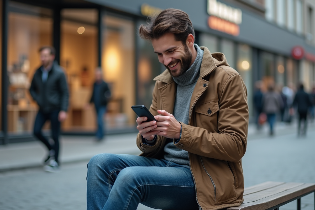 Jeune homme détendu utilisant son smartphone en ville