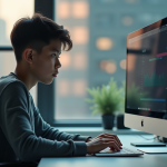 Jeune professionnel au bureau regardant son écran d'ordinateur