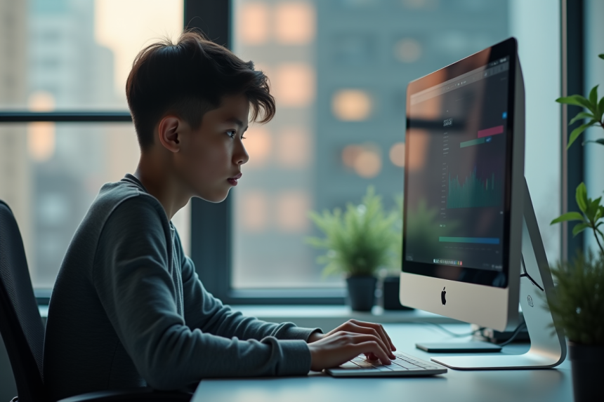 Jeune professionnel au bureau regardant son écran d'ordinateur