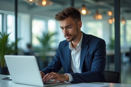 Jeune homme en blazer bleu travaillant sur un ordinateur en bureau moderne