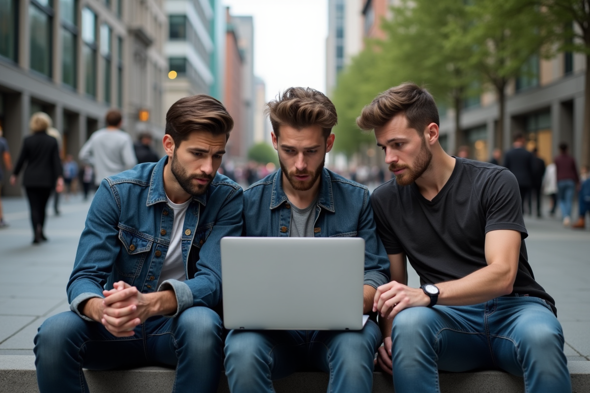 Jeunes professionnels discutant autour d’un ordinateur portable en ville