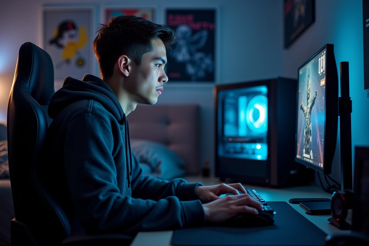 Joueur concentré devant un écran 144 Hz en 1080p avec une carte graphique performante visible dans la tour gaming à côté