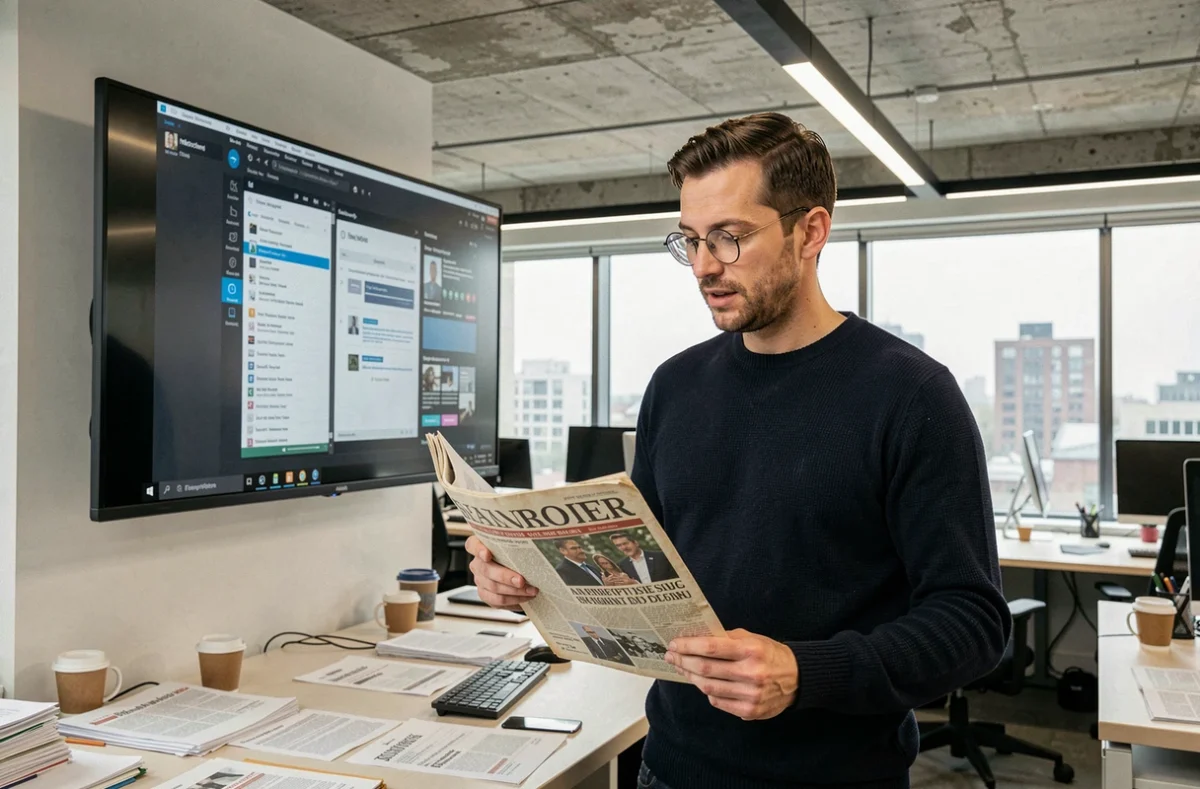 Journaliste masculin dans une rédaction moderne comparant un ancien magazine imprimé à un tableau de bord numérique pour valoriser des contenus archivés
