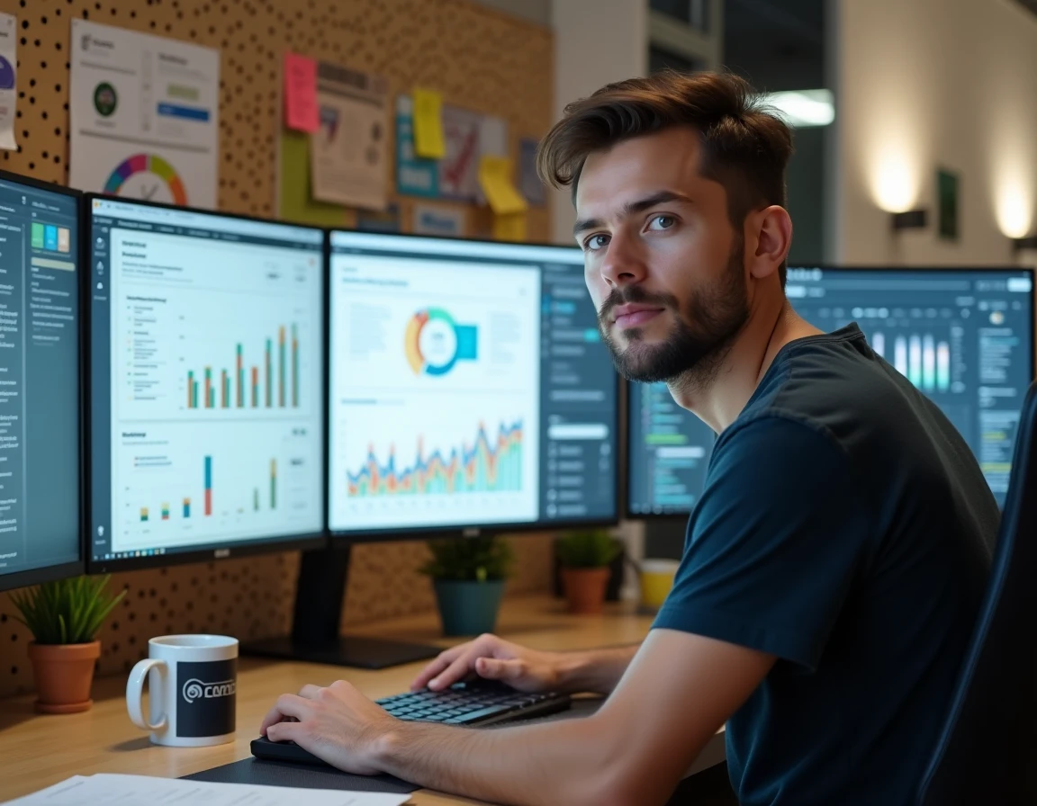Spécialiste de KBCOM travaillant sur des solutions SEO, digitales et d'automatisation dans un bureau d'agence moderne