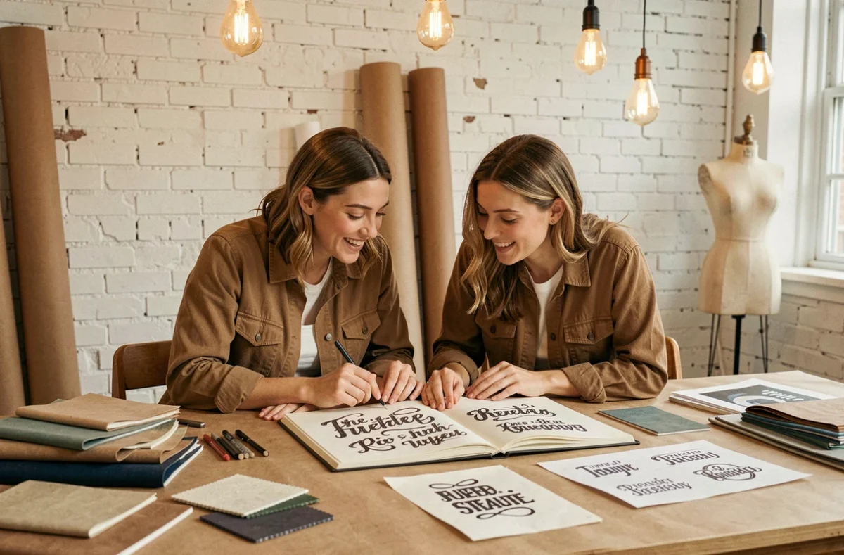 Équipe créative de Lescouturiersdelacom collaborant sur des concepts de branding artisanal et de typographie dans un studio de design