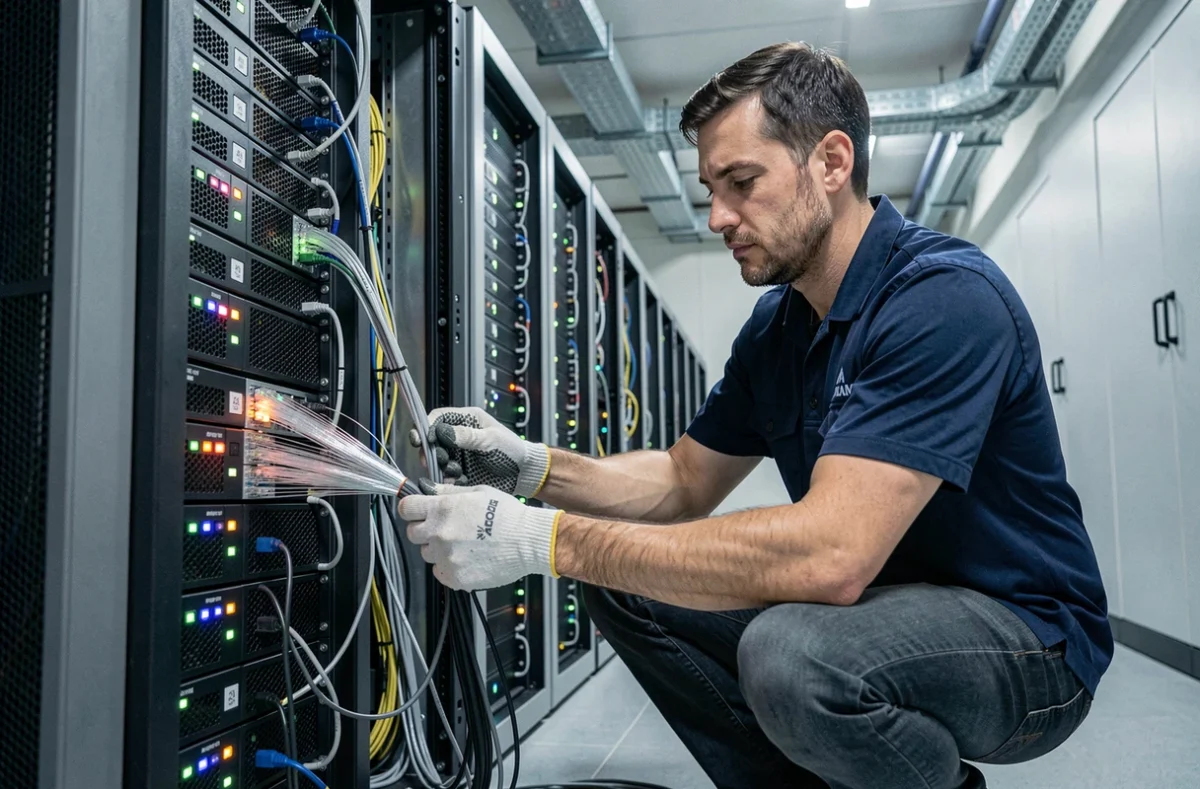 Technicien de Lumo Data intervenant sur des serveurs dans une salle d'infrastructure informatique