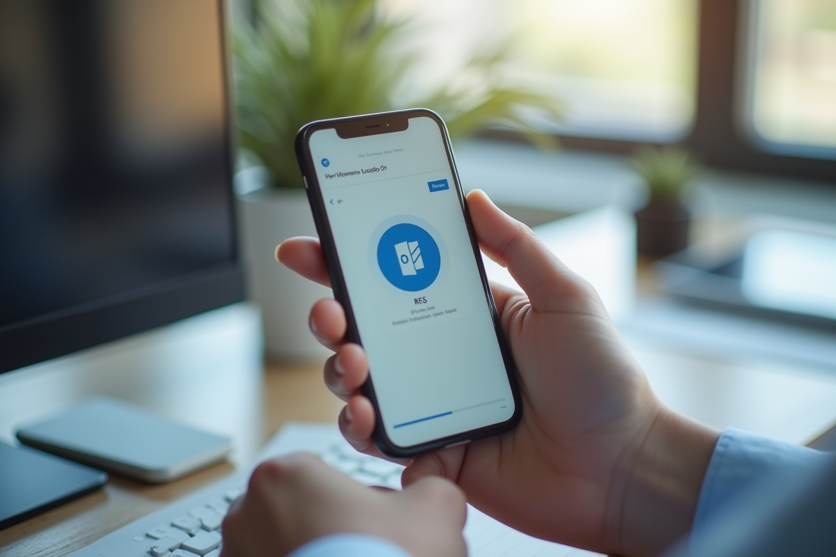 Main tenant un smartphone avec Outlook et flux RSS