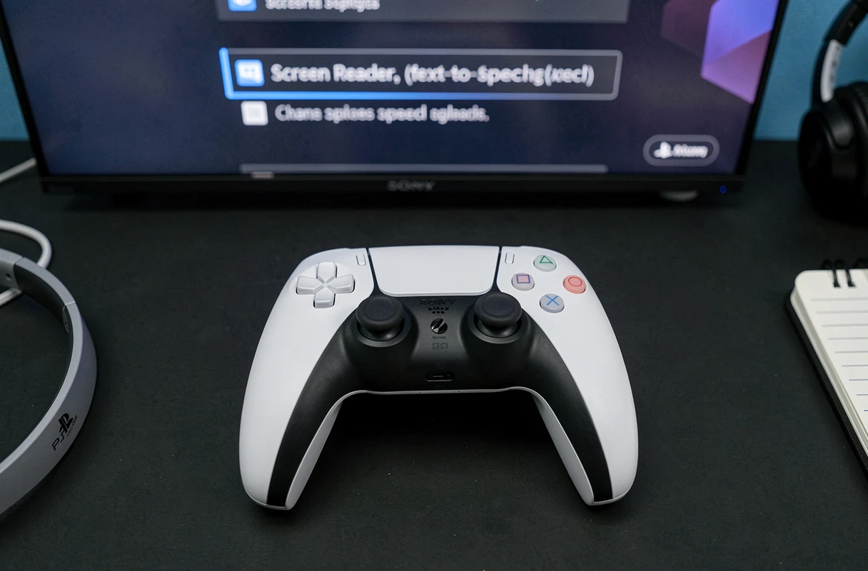 Manette DualSense PS5 posée sur un bureau avec l'écran affichant le menu des paramètres d'accessibilité pour couper la lecture d'écran vocale