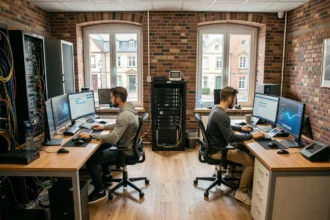 Vue d'ensemble d'une société de maintenance informatique dans le Bas-Rhin avec des techniciens au travail