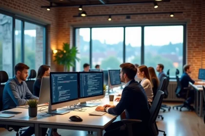 Équipe de prestataires informatiques en Indre-et-Loire travaillant dans un bureau moderne et collaboratif