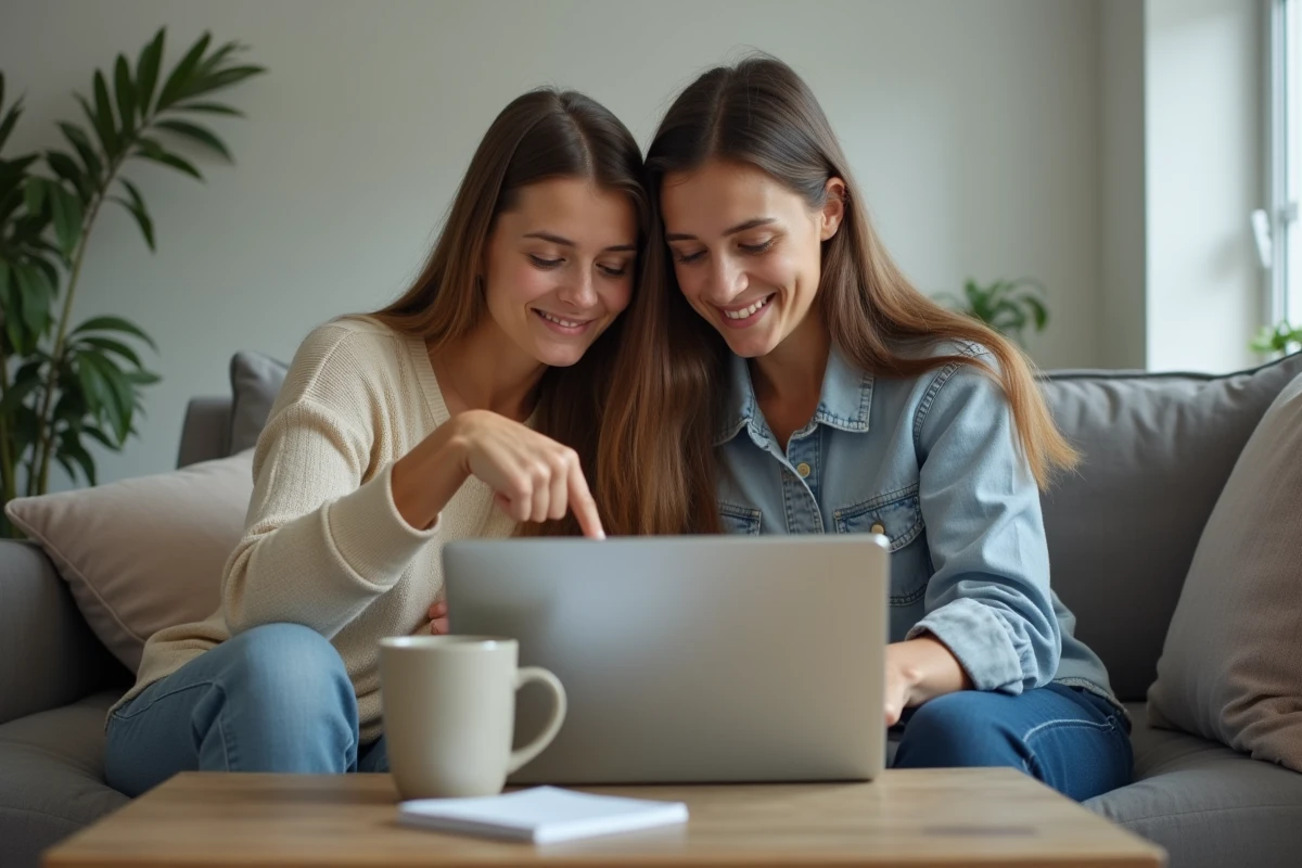 Mère et adolescent utilisant ensemble un ordinateur portable sur le canapé pour illustrer le partage familial d'un PC portable