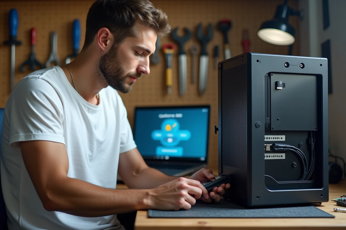Jeune homme effectuant une mise à jour et sécurisation de Windows 7 sur un ordinateur de bureau dans un atelier