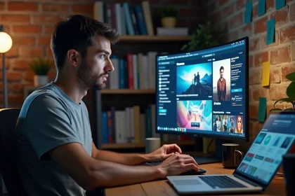 Homme naviguant sur des sites miroirs et plateformes de streaming alternatifs sur un grand écran incurvé dans un bureau à domicile