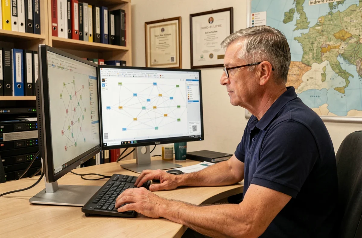 Professionnel informatique expérimenté d'OCI Informatique et Digital devant ses écrans dans un bureau historique à Tours
