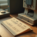 Cartes perforées vintage sur un bureau en bois avec machine
