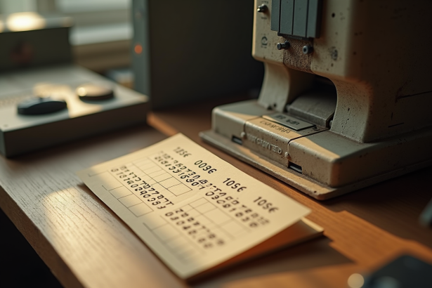 Cartes perforées vintage sur un bureau en bois avec machine