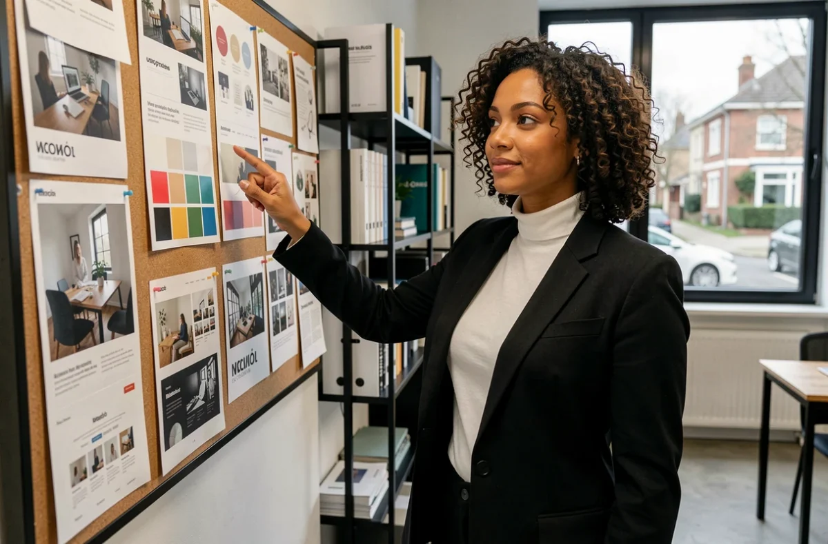 Directrice créative d'Oscar Black présentant des maquettes de design web et des éléments de branding dans un studio d'agence