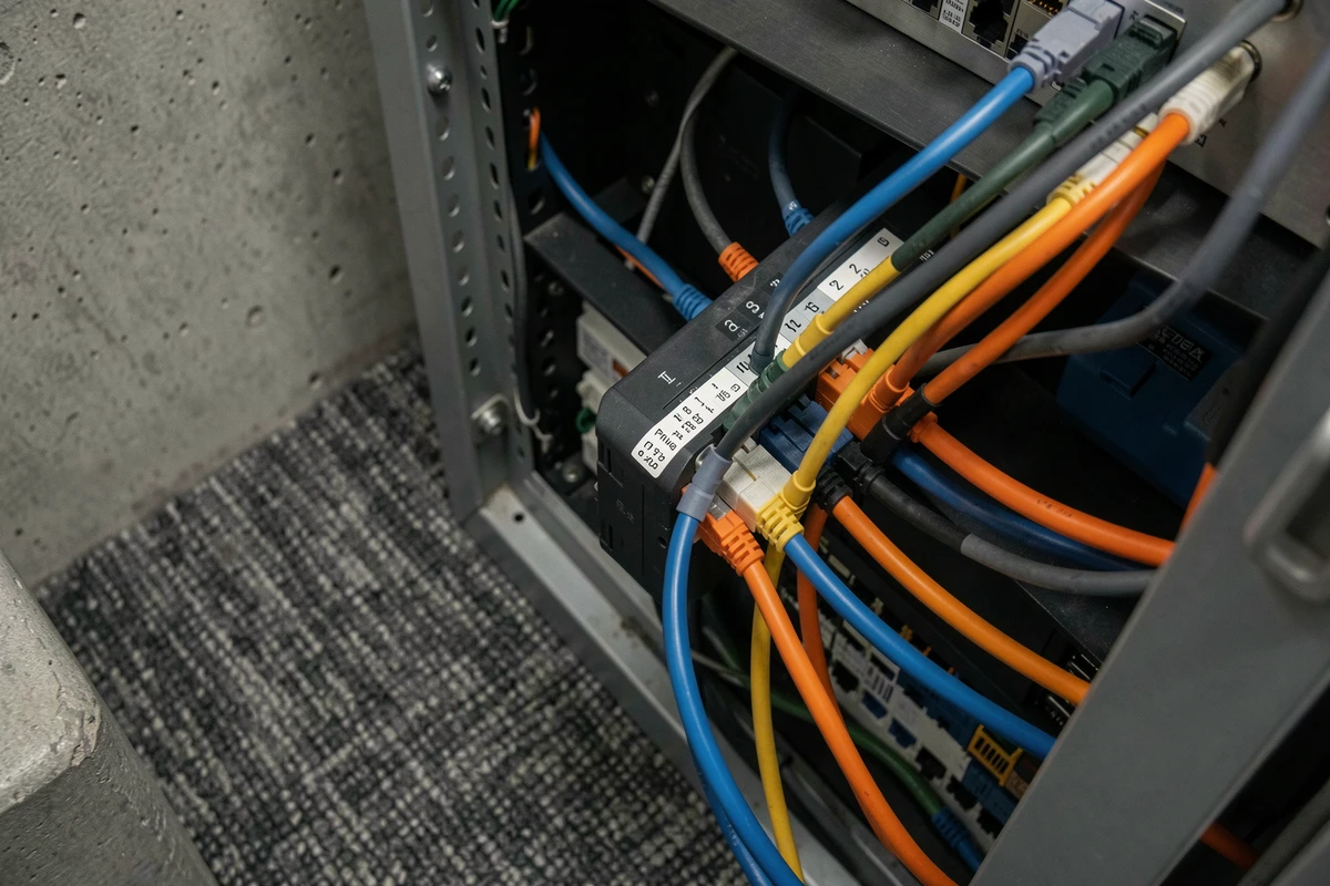 Panneau de brassage et commutateur réseau avec câbles Ethernet identifiés pour la gestion des accès IP dans une baie informatique