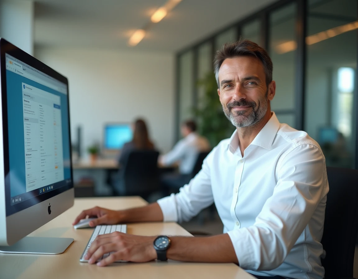 Homme paramétrant une règle de transfert automatique dans Roundcube webmail sur un ordinateur de bureau en open space