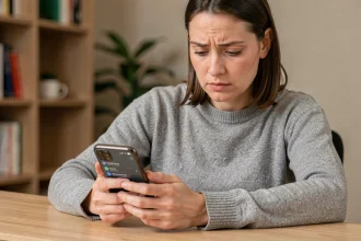 Femme consultant les paramètres de confidentialité de Google sur son smartphone dans un bureau à domicile