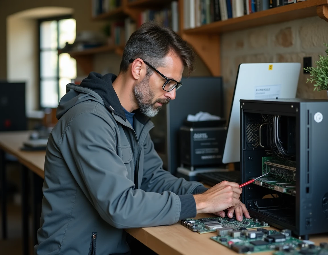 Technicien de PC4U en Sud Touraine effectuant la maintenance d'un ordinateur avec des solutions open source dans un atelier