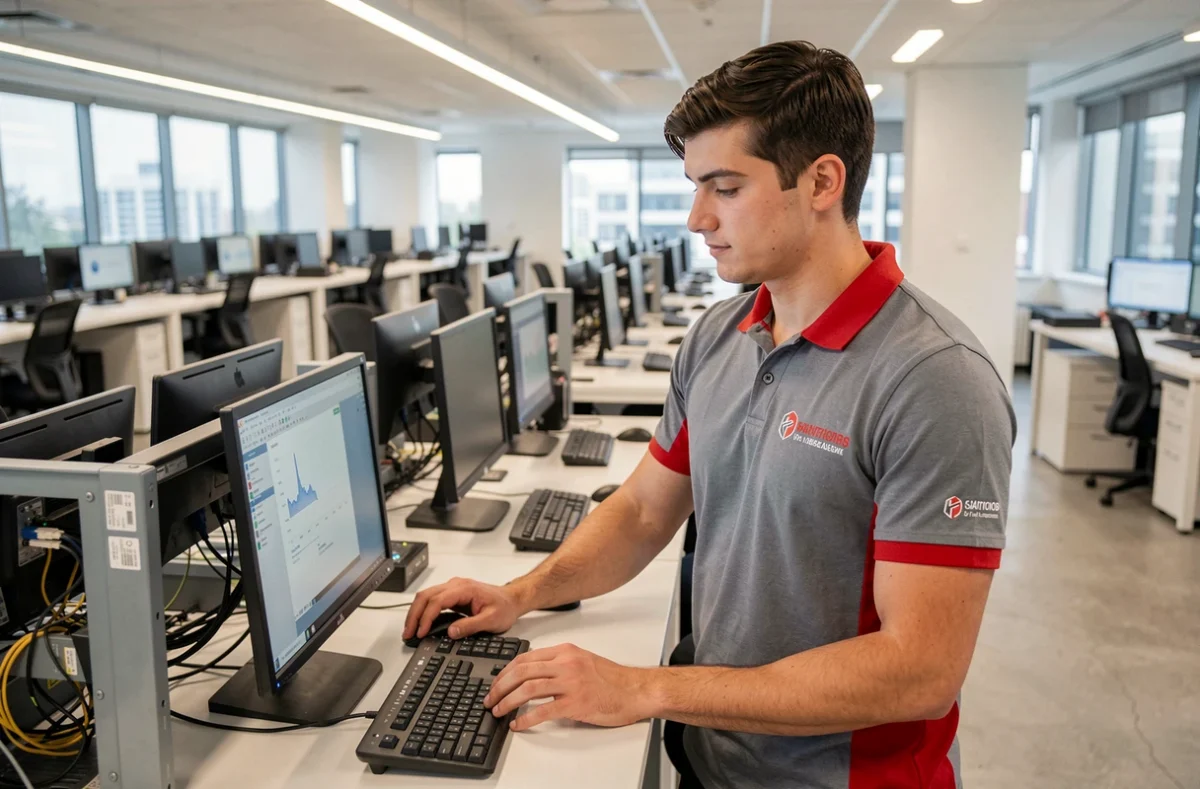 Technicien de Pixel IT Services configurant des postes de travail lors d'un déploiement en entreprise