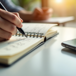 Prise de notes manuscrites avec smartphone dans un espace lumineux