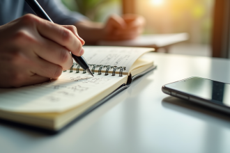 Prise de notes manuscrites avec smartphone dans un espace lumineux