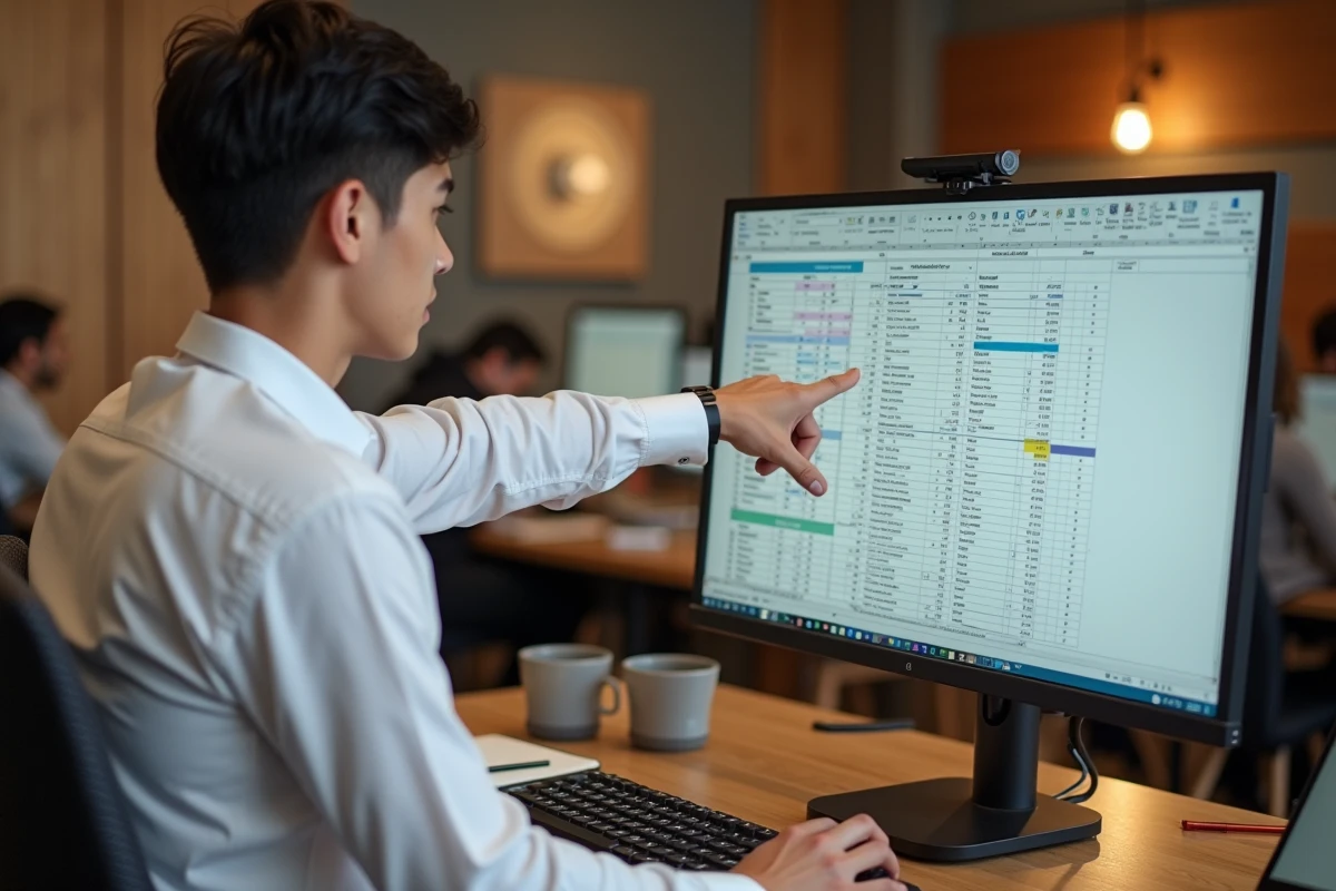 Jeune professionnel debout utilisant Excel dans un espace de coworking avec colonnes figées visibles à l'écran