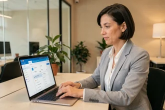 Professionnelle utilisant l'interface Econnect MRS sur un ordinateur portable dans un bureau moderne en 2026
