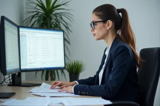 Professionnelle utilisant un logiciel de traduction assistée par ordinateur sur un poste de travail moderne en 2026