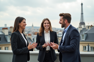 Groupe de professionnels à Paris avec la Tour Eiffel en arrière-plan