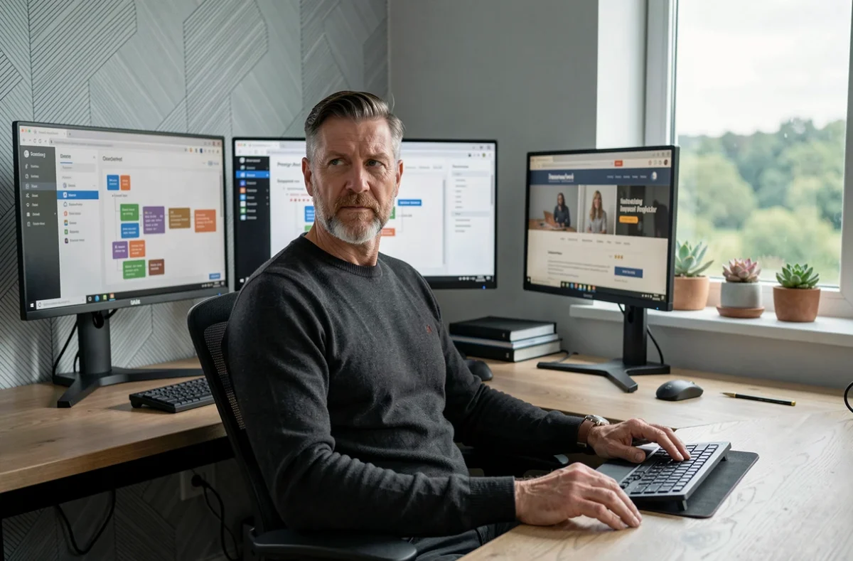Développeur senior de Quintae gérant un projet e-commerce sur trois écrans dans un bureau ergonomique et moderne
