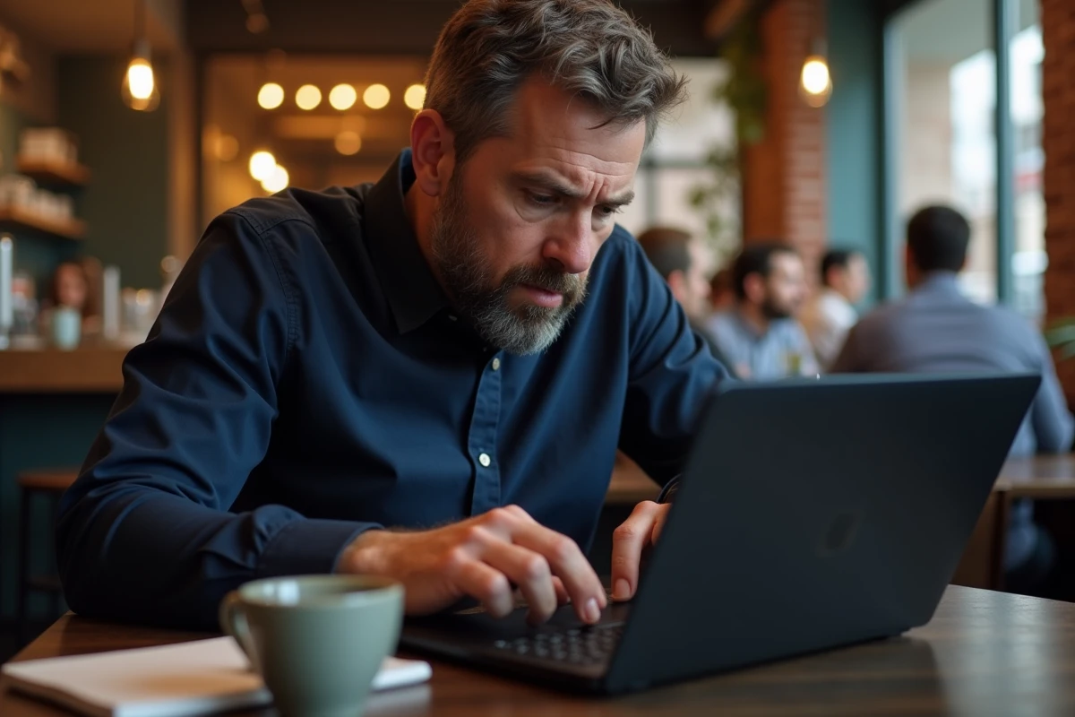 Homme appuyant sur des touches de raccourci clavier dans un café avec un ordinateur portable compact