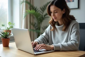 Femme utilisant des raccourcis clavier sur un PC portable pour simuler les touches flèches manquantes