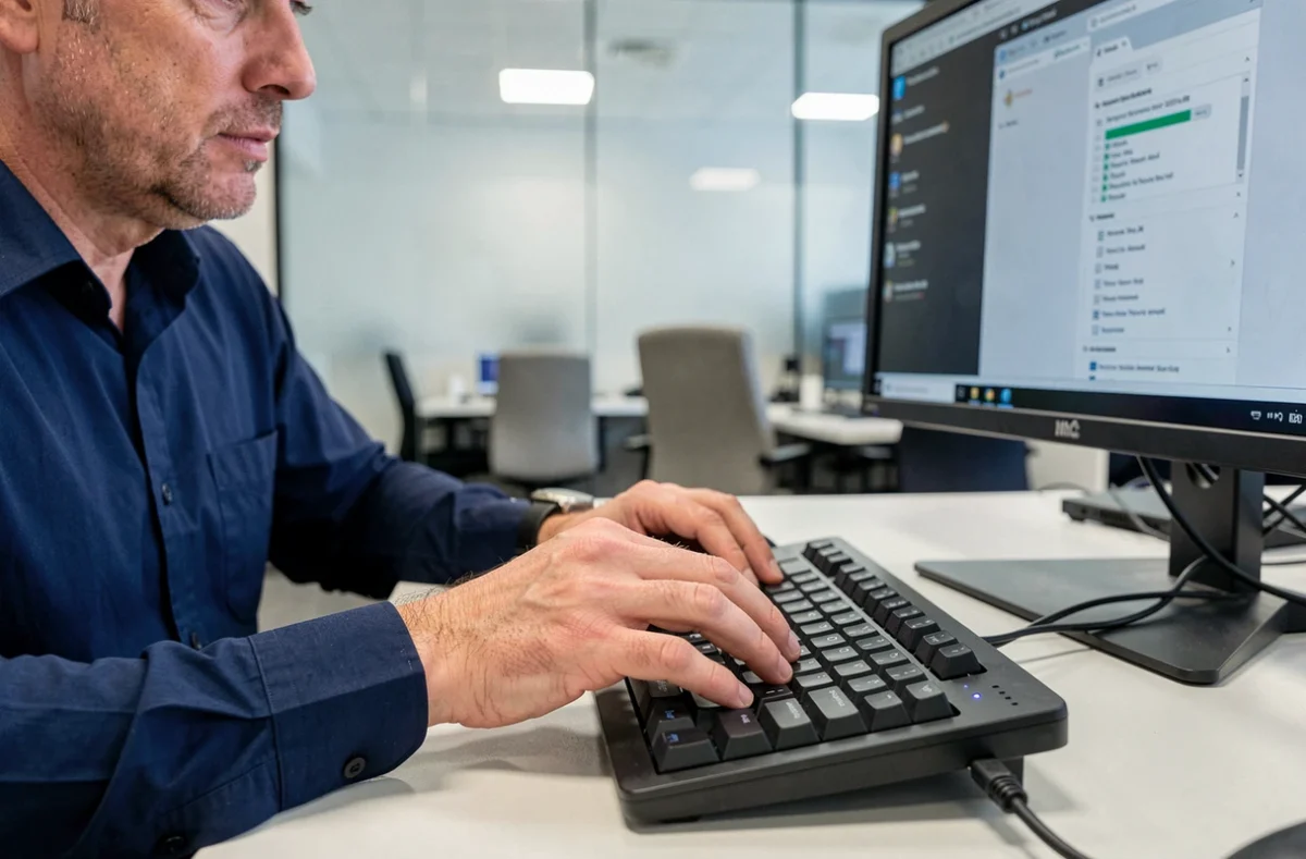 Homme en bureau d'entreprise exécutant un raccourci clavier couper sur Windows avec clavier mécanique