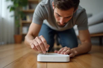 Homme appuyant sur le bouton reset d'une box internet avec un trombone pour réinitialiser l'accès au routeur