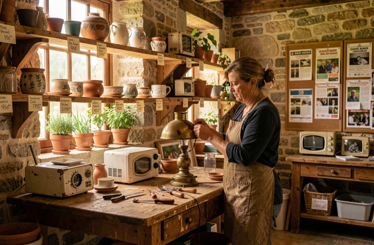 Atelier de réemploi artisanal de la Ressourcerie de Touraine, bénévole réparant une lampe parmi de petits équipements d'occasion
