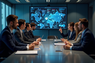 Professionnels en réunion autour d'un tableau digital de cybersécurité