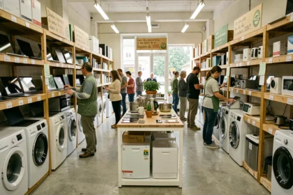 Vue intérieure d'un magasin de matériel reconditionné en Centre-Val de Loire avec des rayons d'électroménager et de multimédia d'occasion
